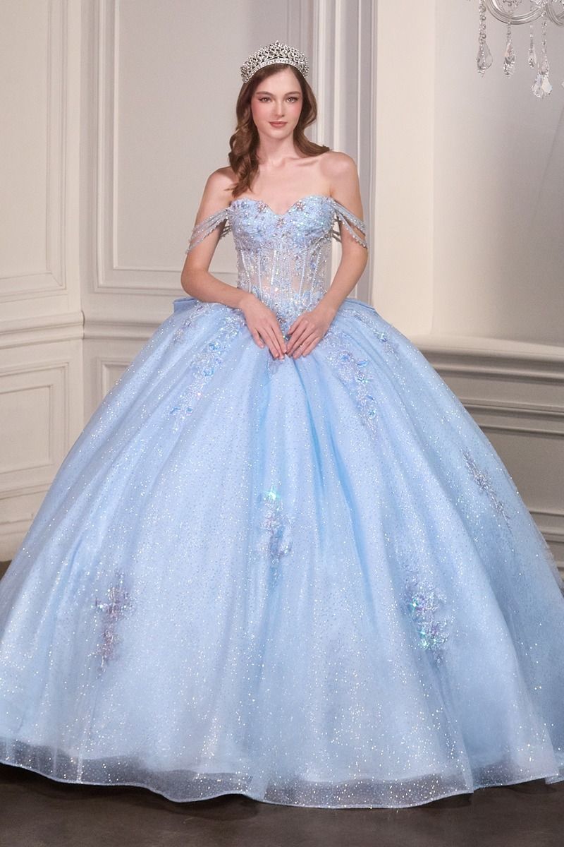 Romantic Off The Shoulder Quinceanera Gown w/ Sheer Corset Bodice & Floral Applique CD15735