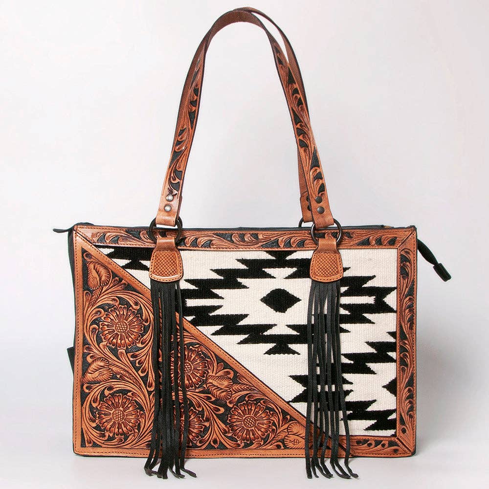 Southwestern Aztec Tote Bag with Hand-Tooled Leather and Fringe - Western Shoulder Purse