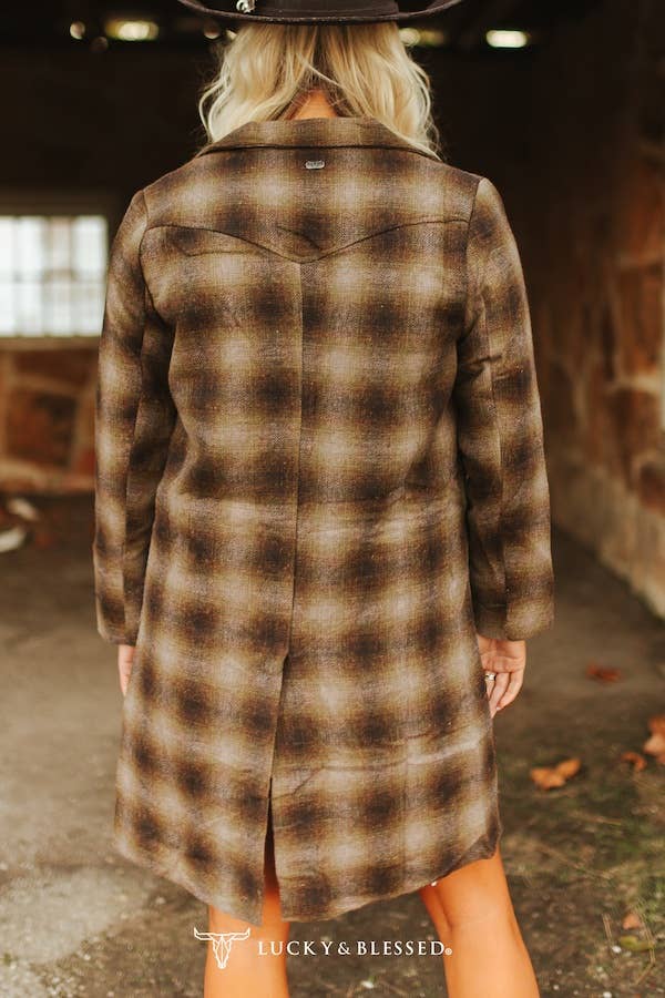 Brown Plaid Western Yoke Long Blazer W Quilt Lined