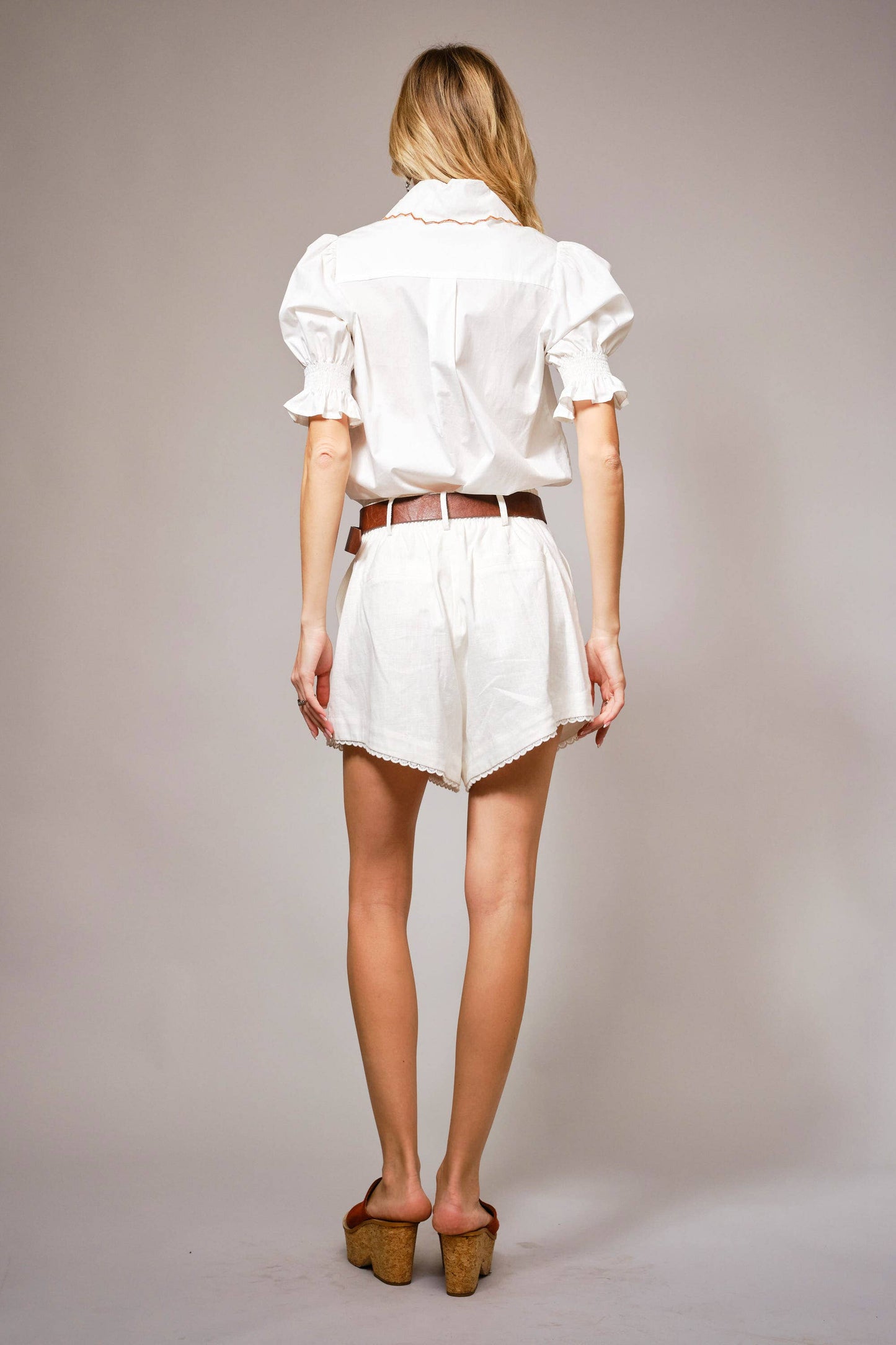 Embroidered Scallop Collar Puff Sleeve Top