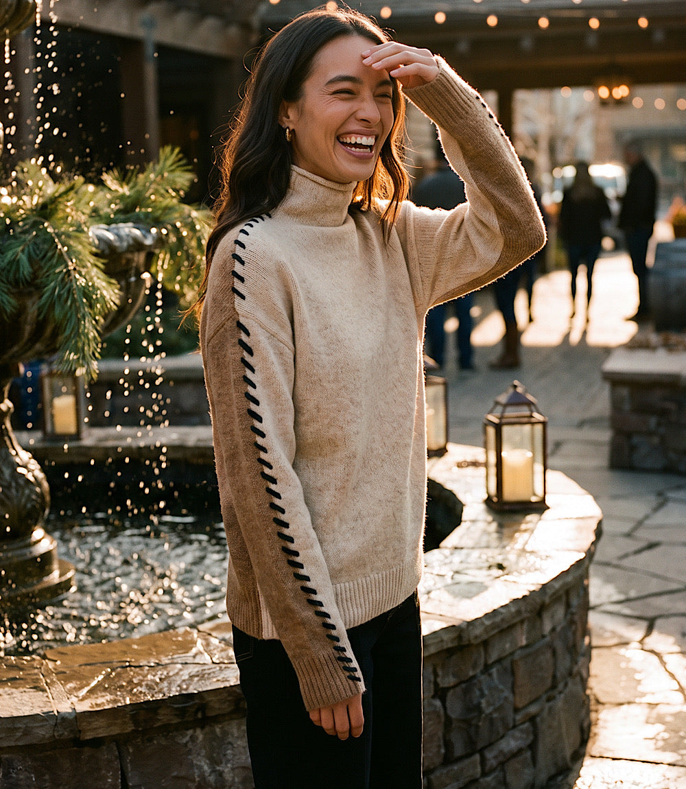 Contrast Stitch Mock Neck Colorblock Sweater