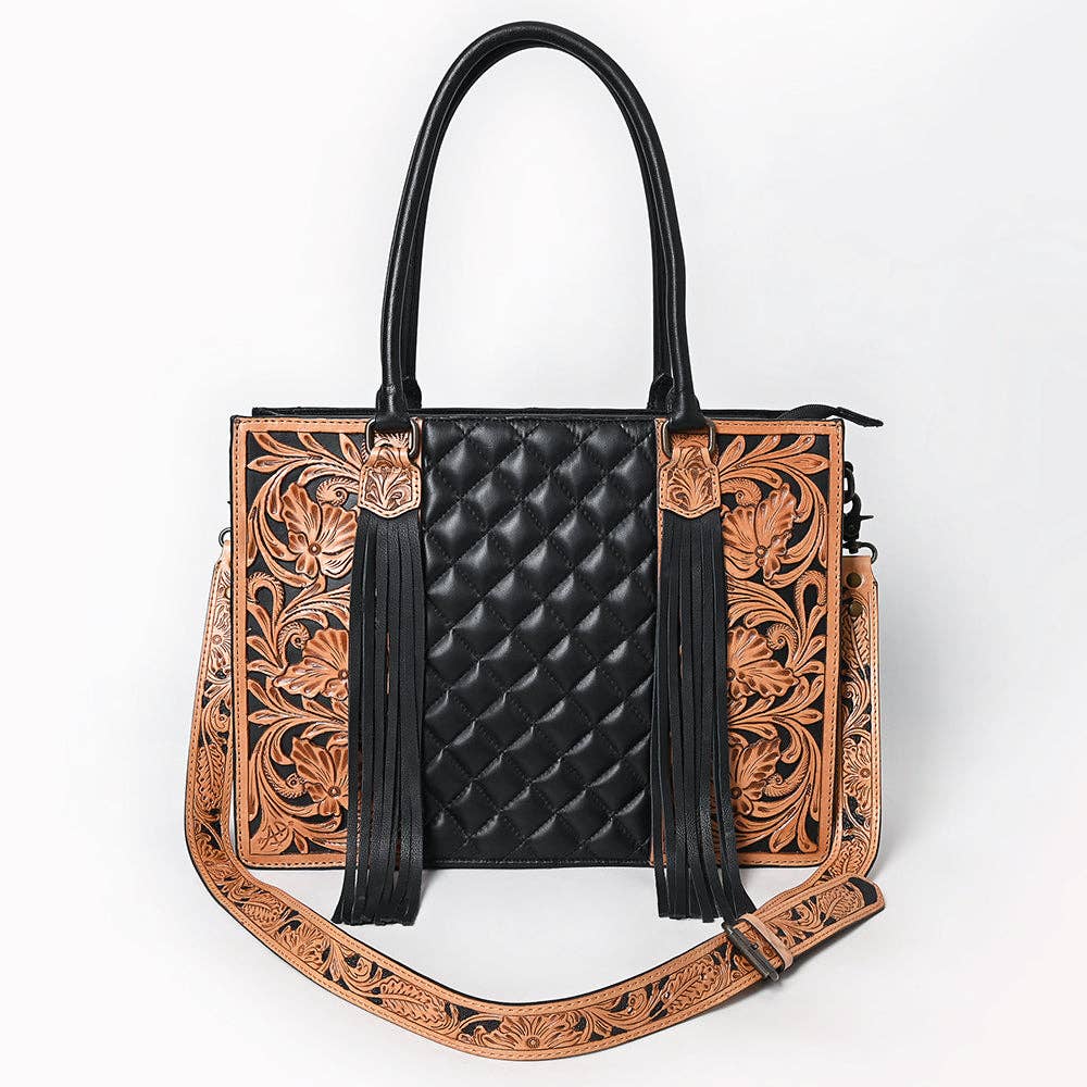 Cowhide & Hand-Tooled Leather Tote | Fringe Shoulder Bag