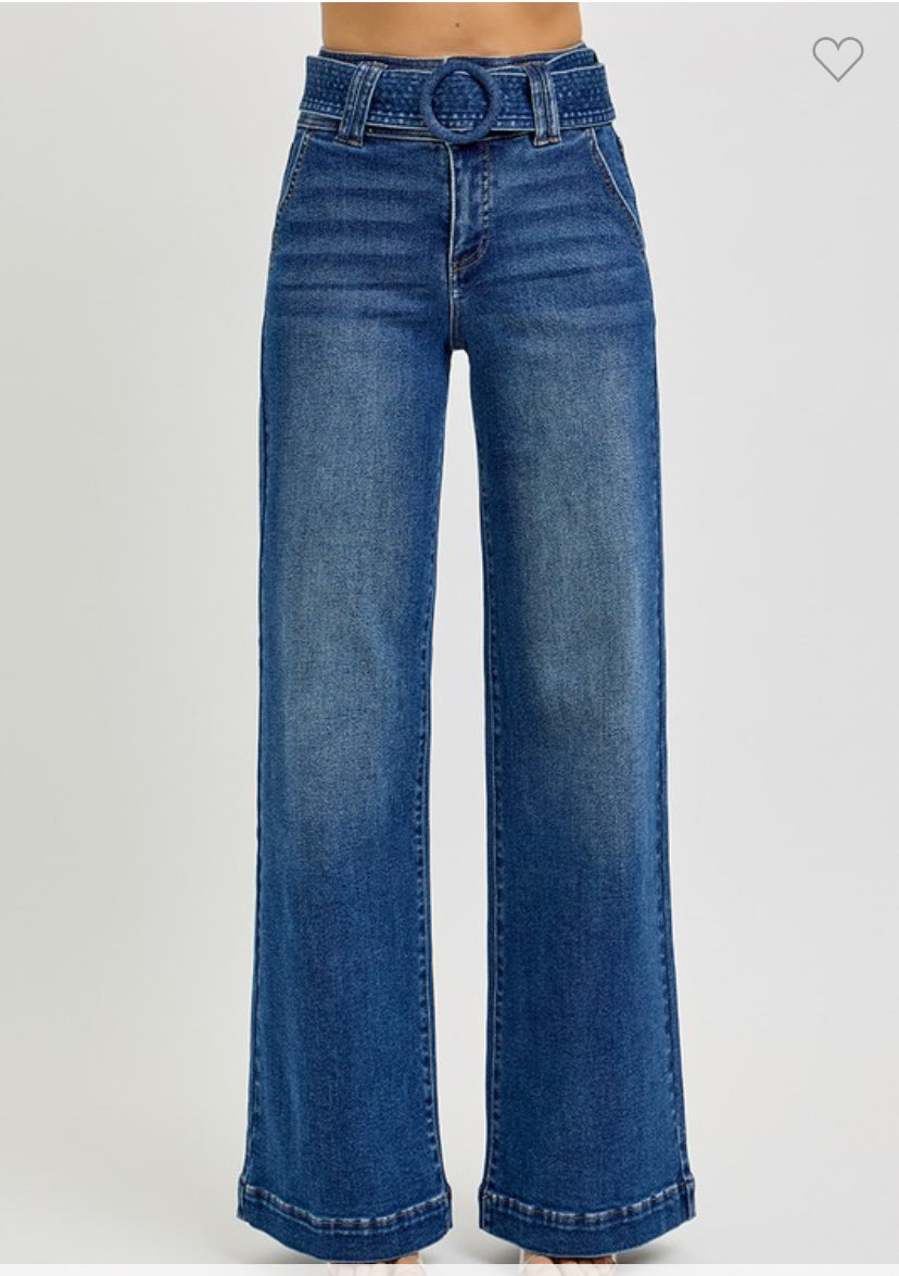 Tummy Control High Rise Wide Leg Self Belted Jeans