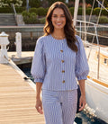 Stripe Puff Sleeve Button Front Top