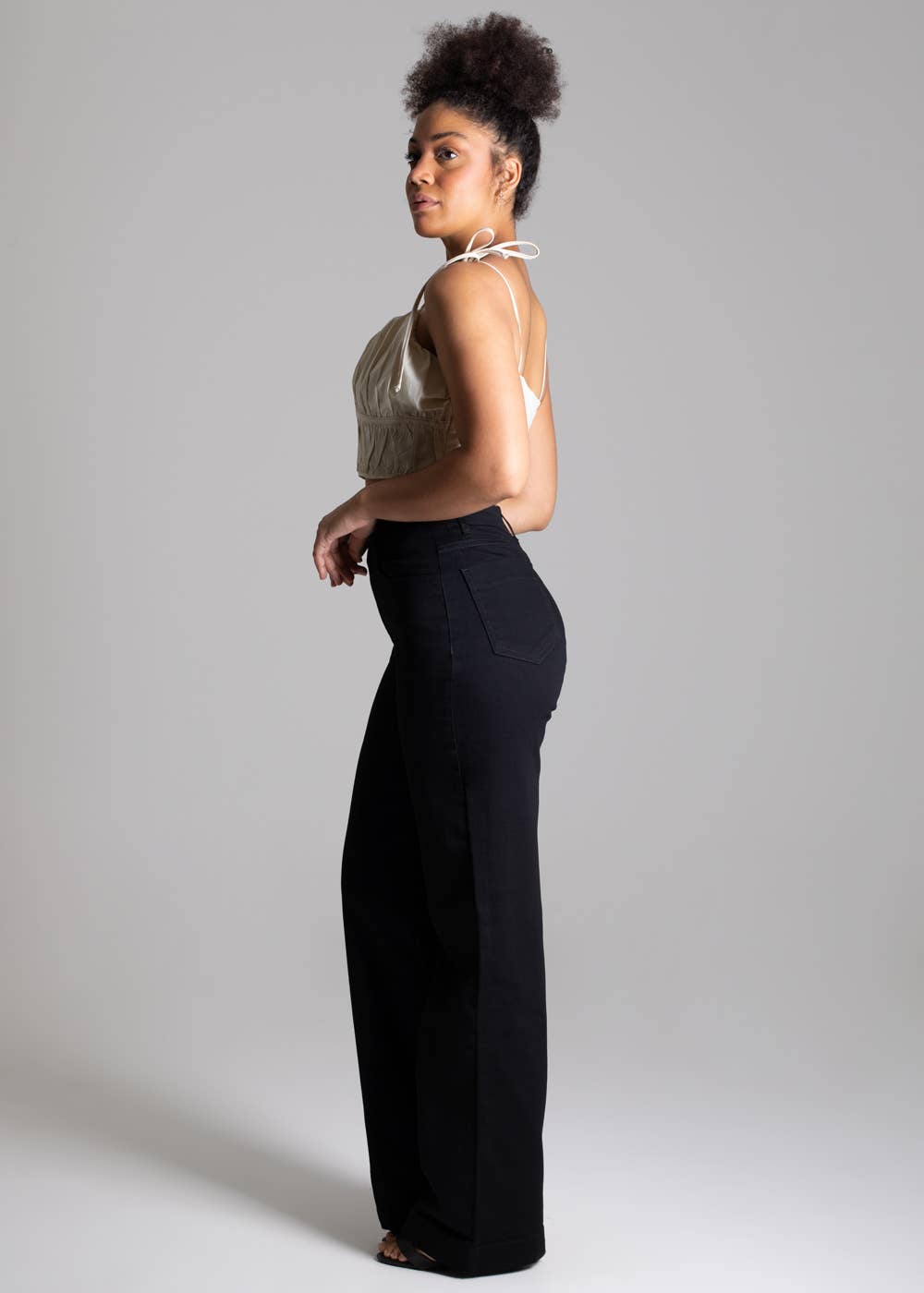 Sawary High-Waisted Wide Leg Twill Women's Pants in Black