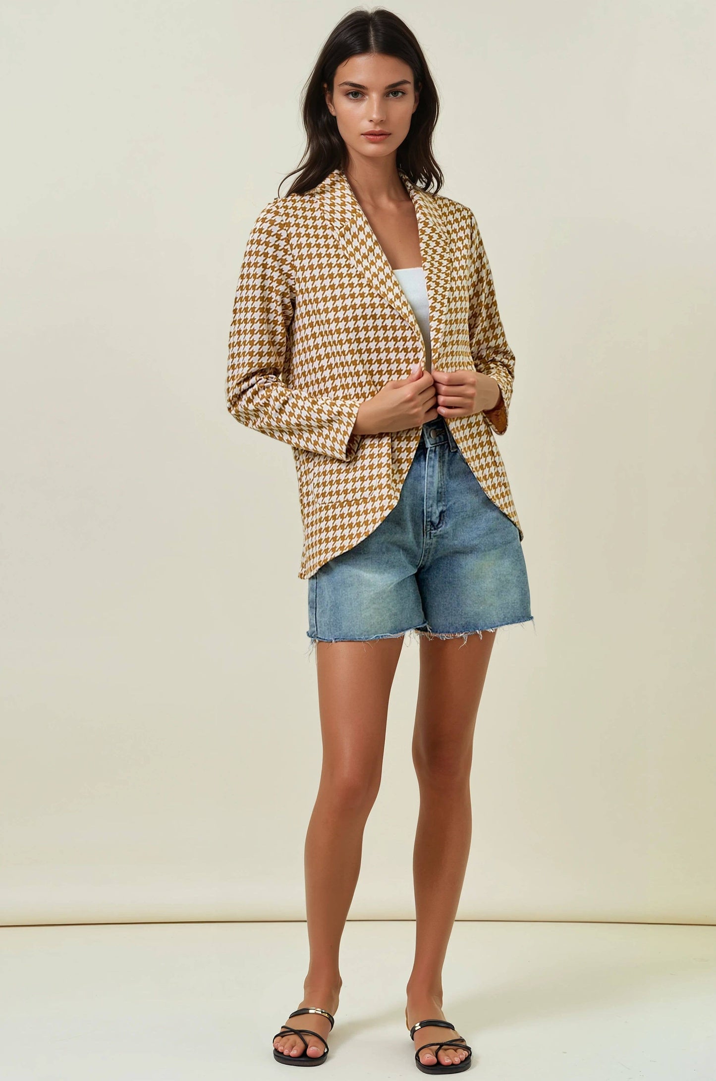 Doe and Rae - HOUNDSTOOTH JACQUARD SHAWL NECK BLAZER JACKET - 10706J: MOCHA/BLACK / S