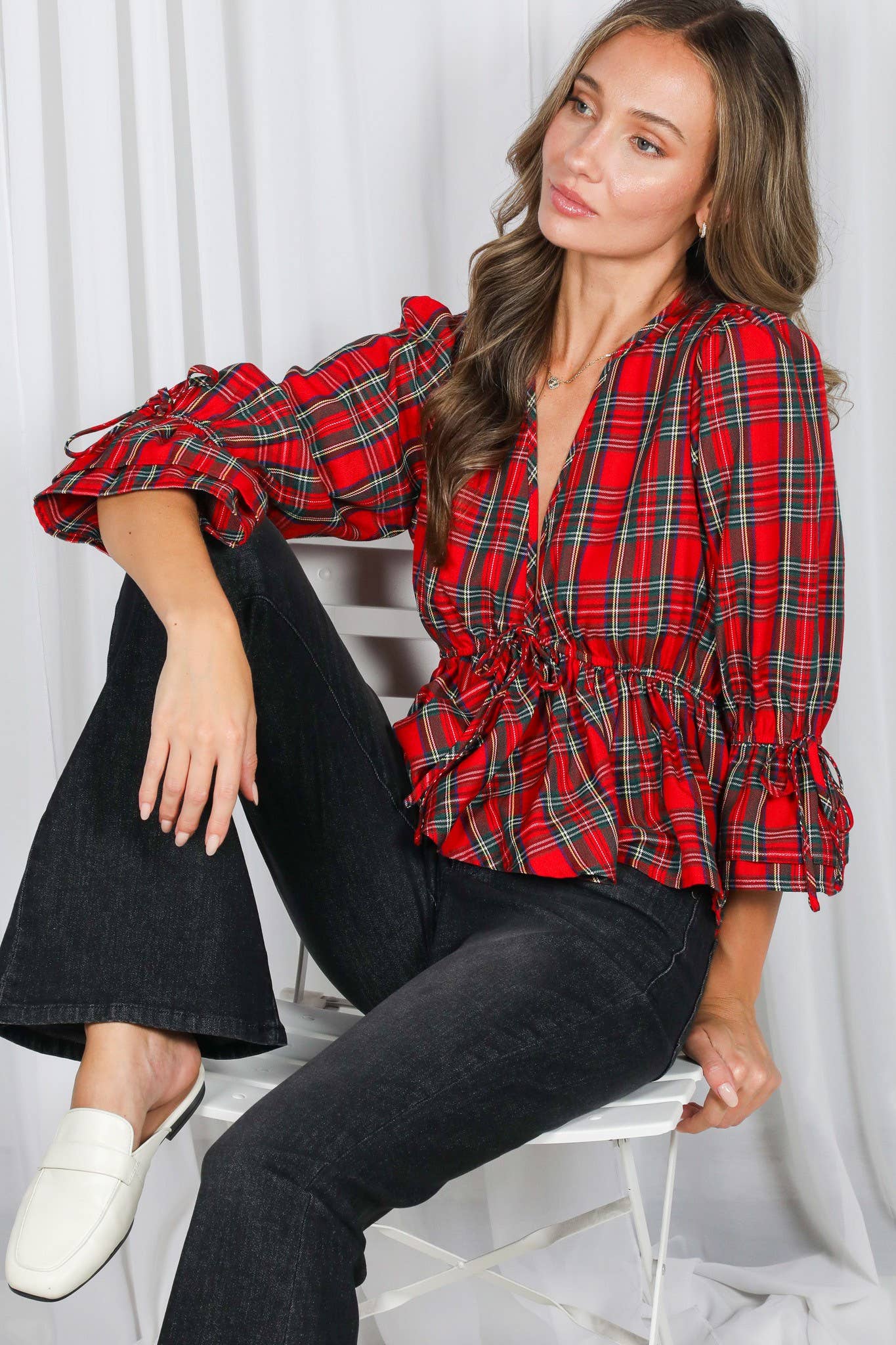 Front Tie Deep V-Neck Ruffle Plaid Top