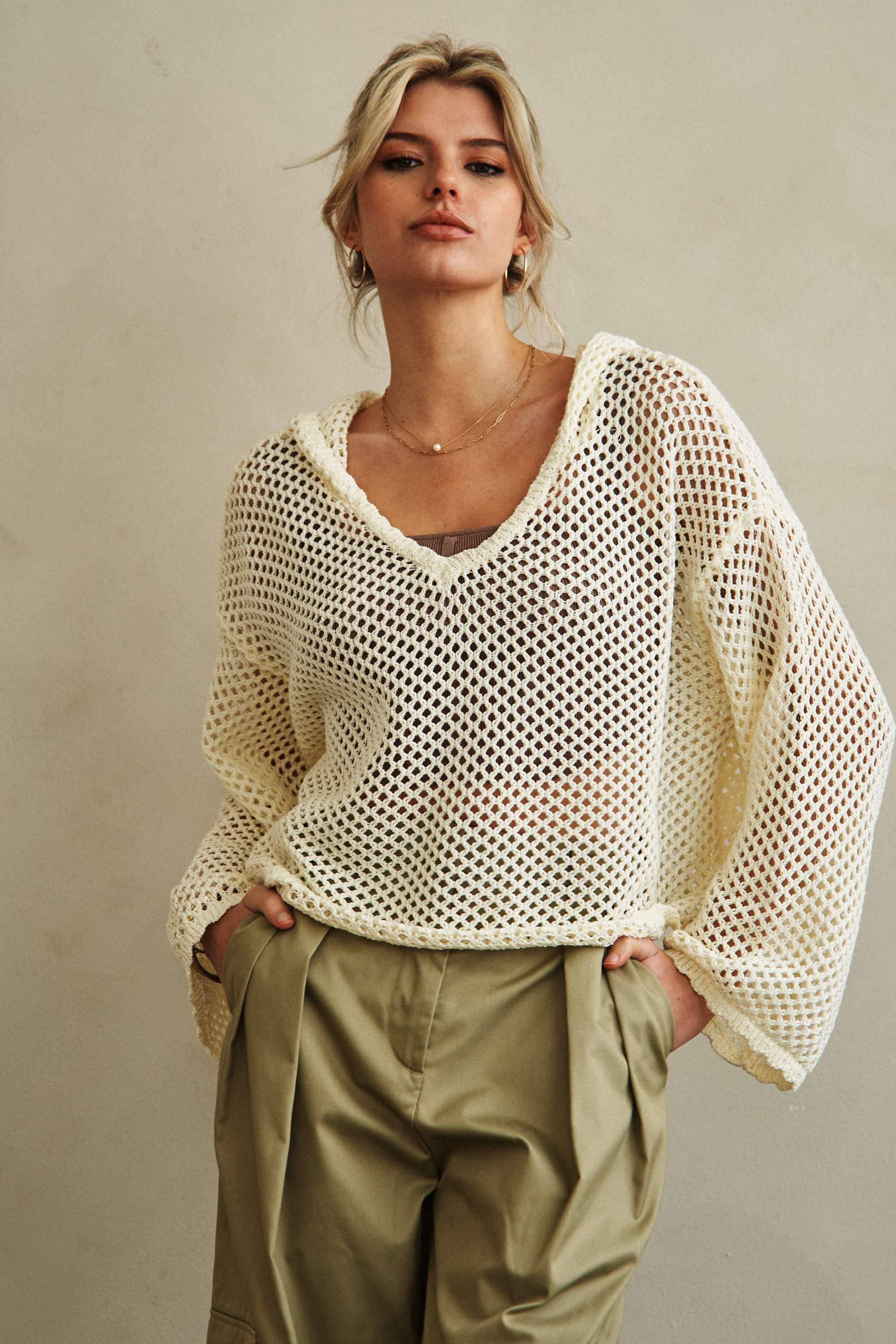 Hooded Wide V Neck Crochet Sweater