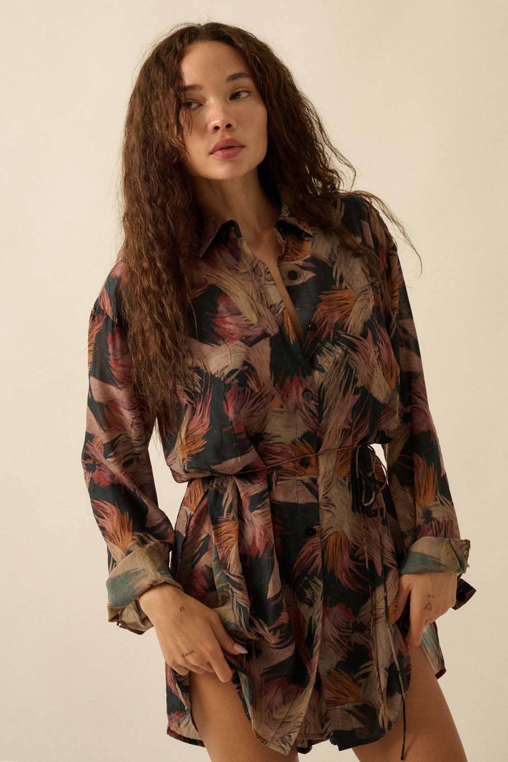 Abstract-Print Belted Button-Up Shirt Romper