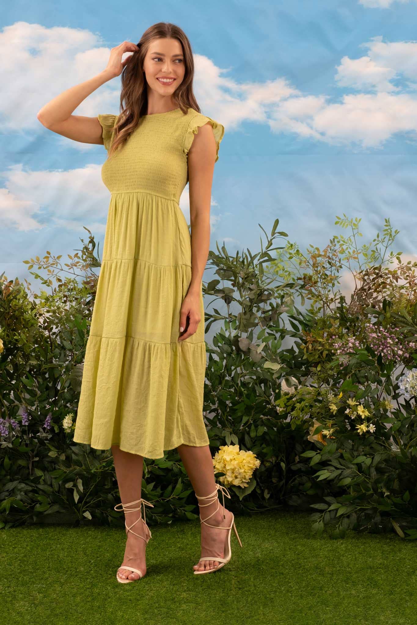 SMOCKED TIERED MIDI DRESS: DUSTY YELLOW