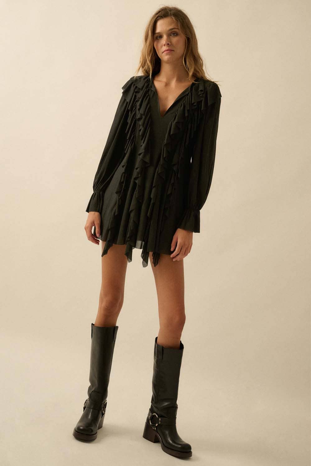 Cascade Ruffles Trumpet-Sleeve Knit Romper