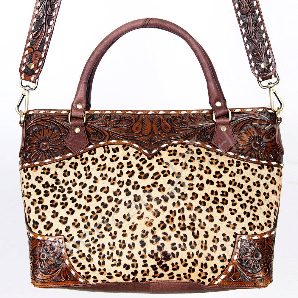 Leopard Hair-On Western Tote - Hand-Tooled Leather Cowgirl Bag