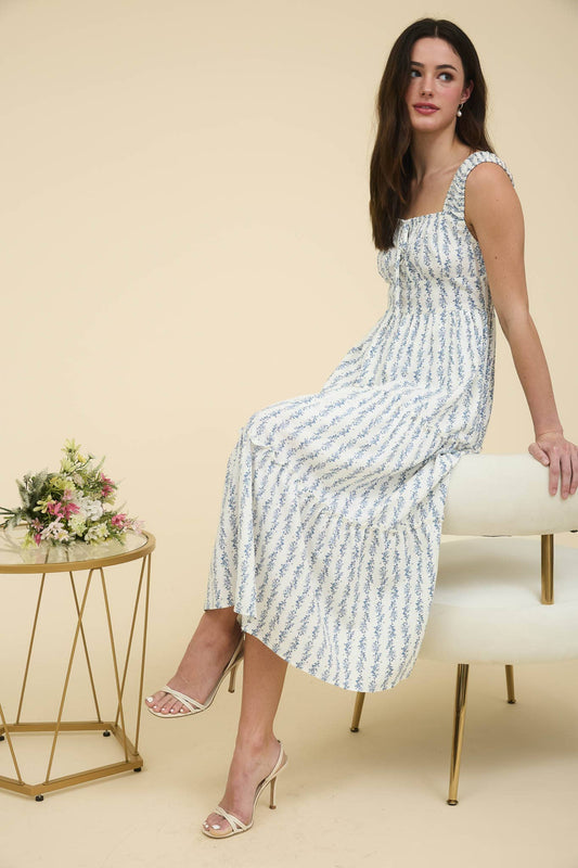 FLORAL STRIPE RUFFLE DETAIL MAXI DRESS: BLUE MULTI