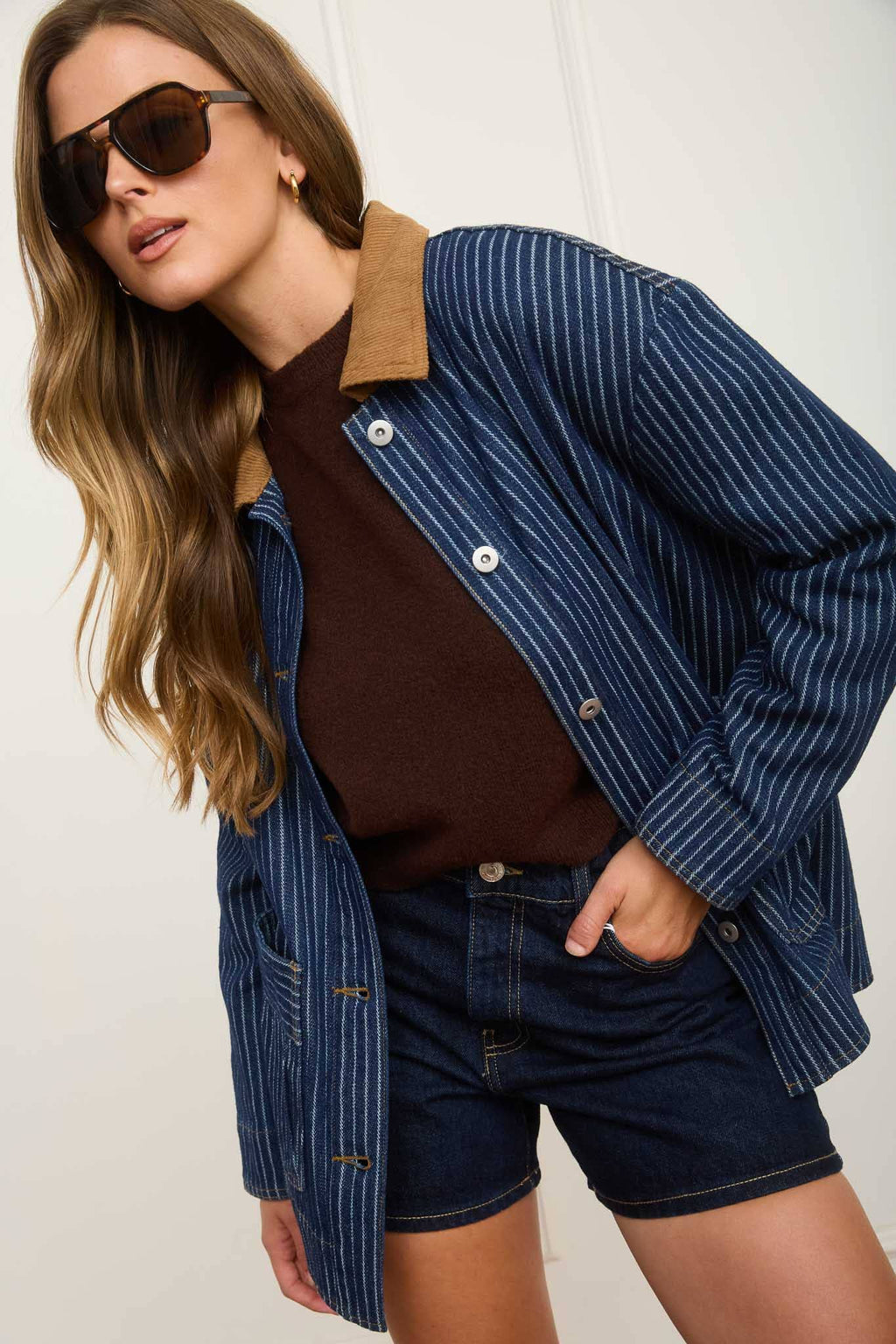 STRIPE CORDUROY COLLAR DENIM SHACKET