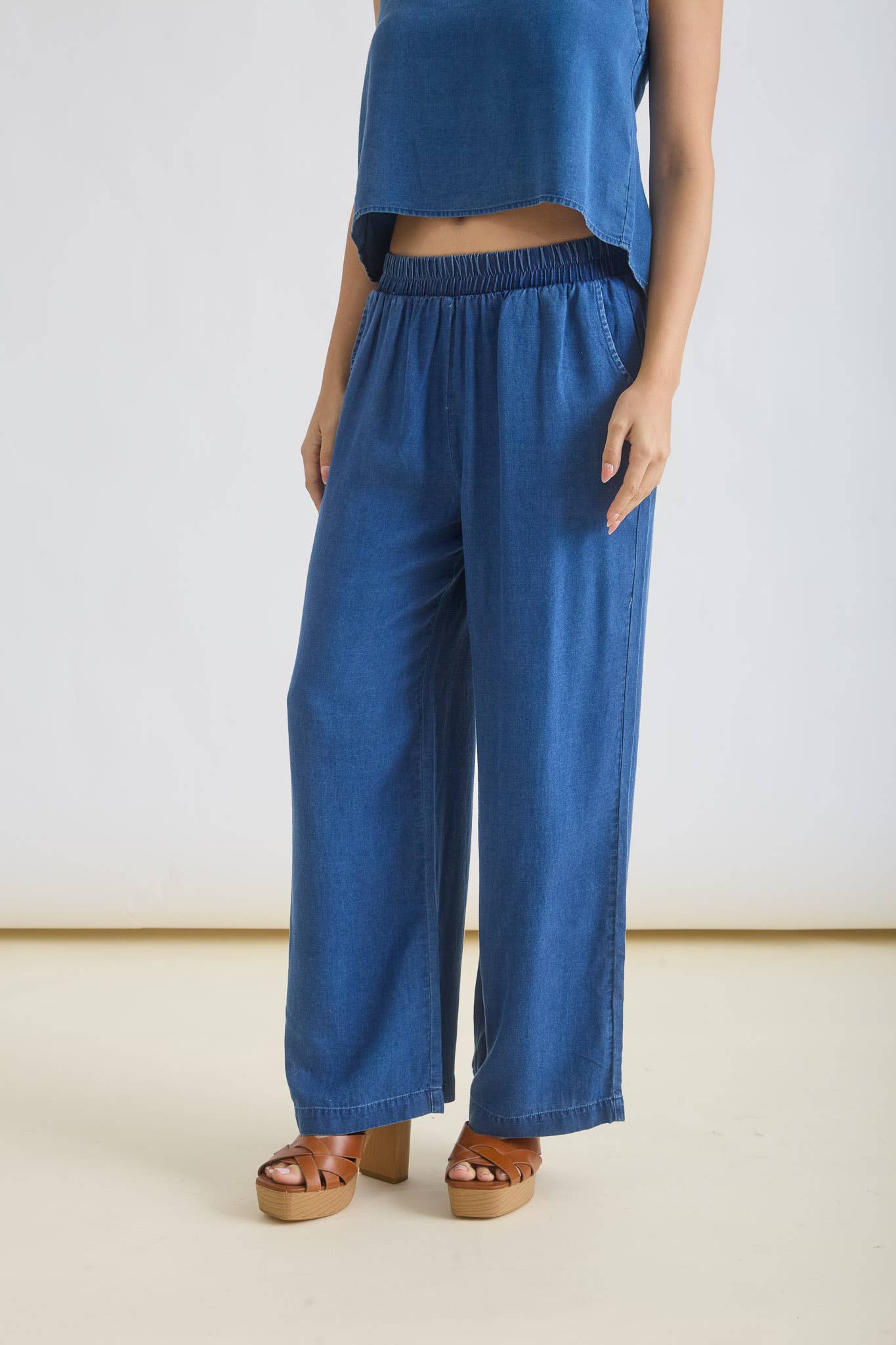 CHAMBRAY ELASTIC HIGH WAIST WIDE LEG PANTS