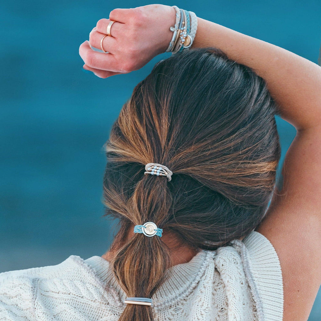K'lani hair tie bracelets - "Wonder" Soft Creams and Blues with Pearls and Gold Hair Tie Bracelets