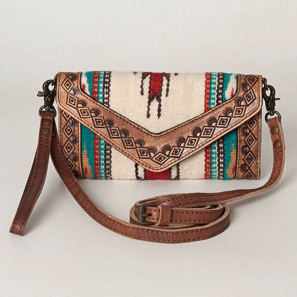 Western Envelope Crossbody Bag Handwoven Wool & Tooled Leather by American Darling