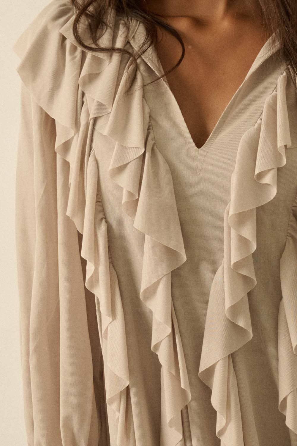 Cascade Ruffles Trumpet-Sleeve Knit Romper