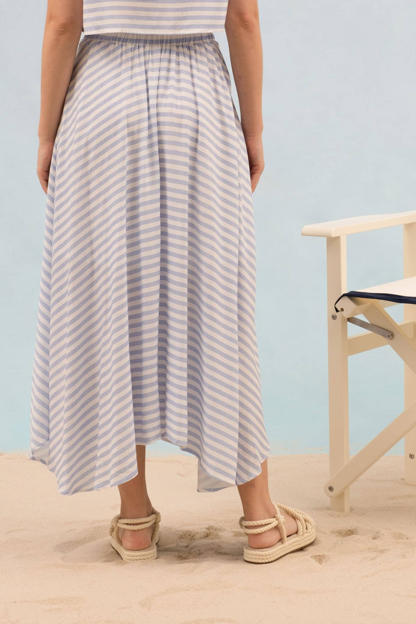 STRIPE HIGH WAIST PLEATED MIDI SKIRT: BLUE