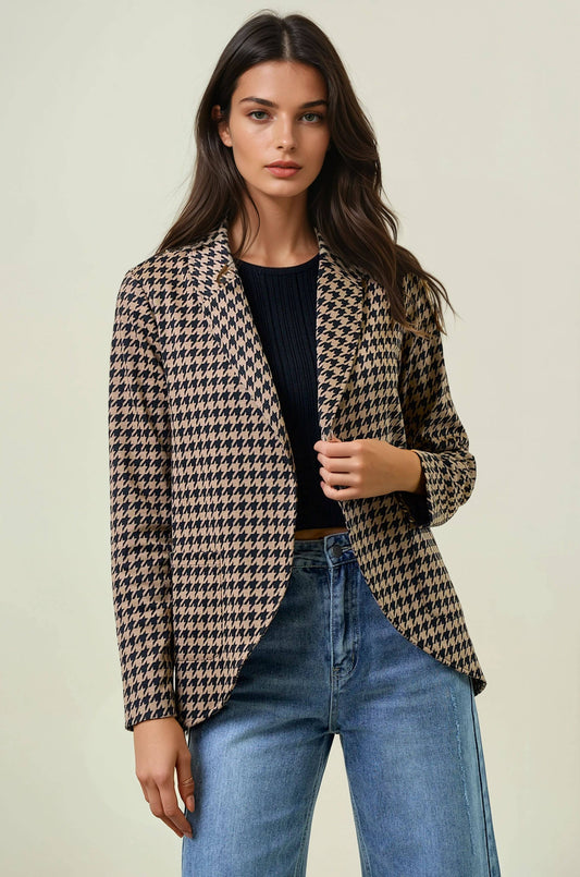 Doe and Rae - HOUNDSTOOTH JACQUARD SHAWL NECK BLAZER JACKET - 10706J: MOCHA/BLACK / S