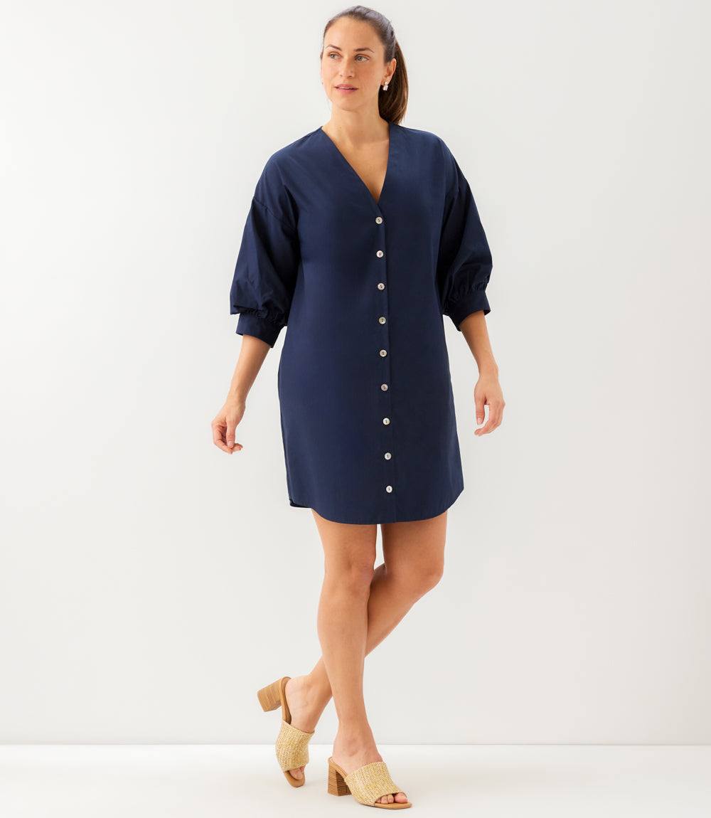 Lantern Sleeve Button-Front Dress