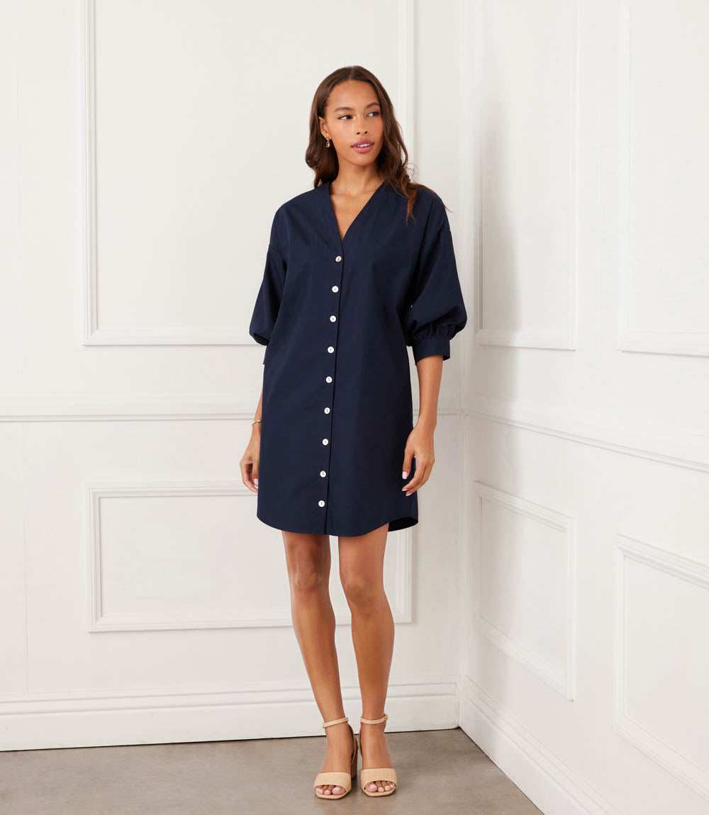 Lantern Sleeve Button-Front Dress