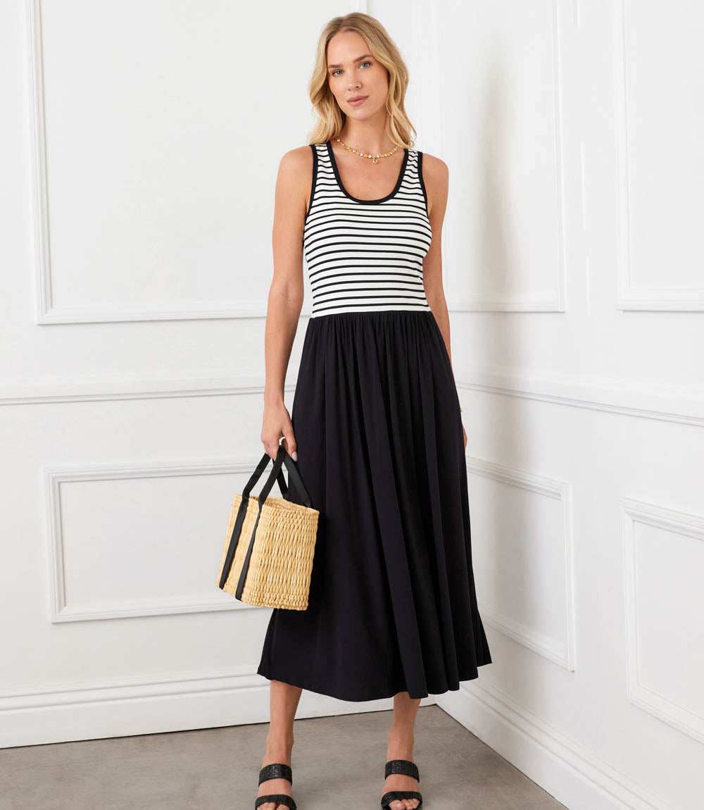 Sleeveless Stripe Bodice Mixed-Media Midi Dress