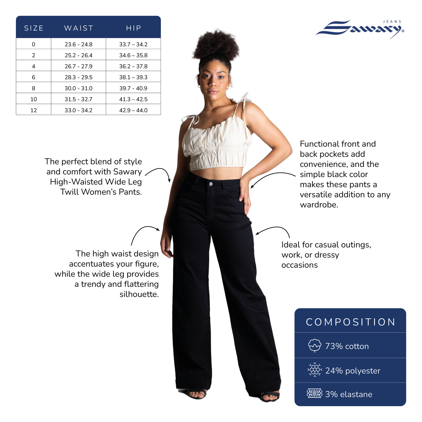 Sawary High-Waisted Wide Leg Twill Women's Pants in Black