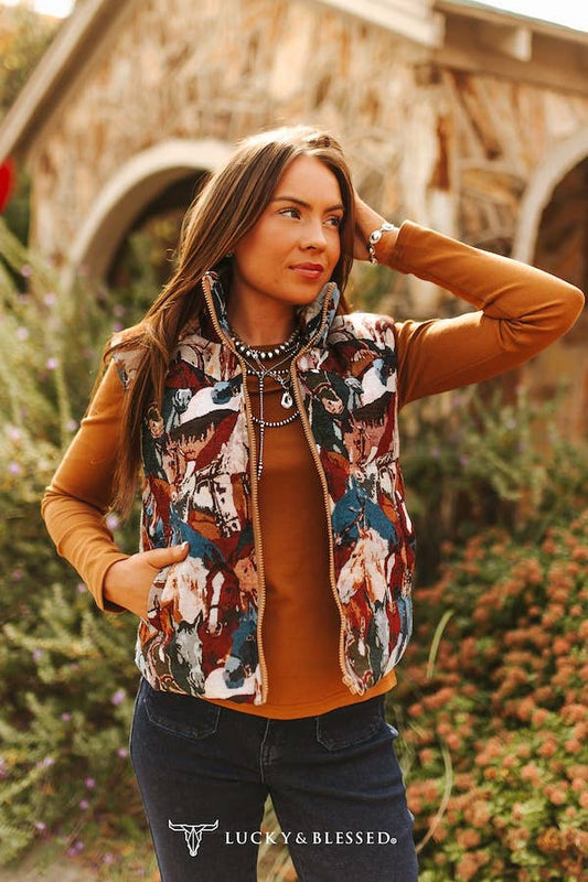 Jacquard Woven Red Horses Zip-Up Sleeveless Puffer Jacket