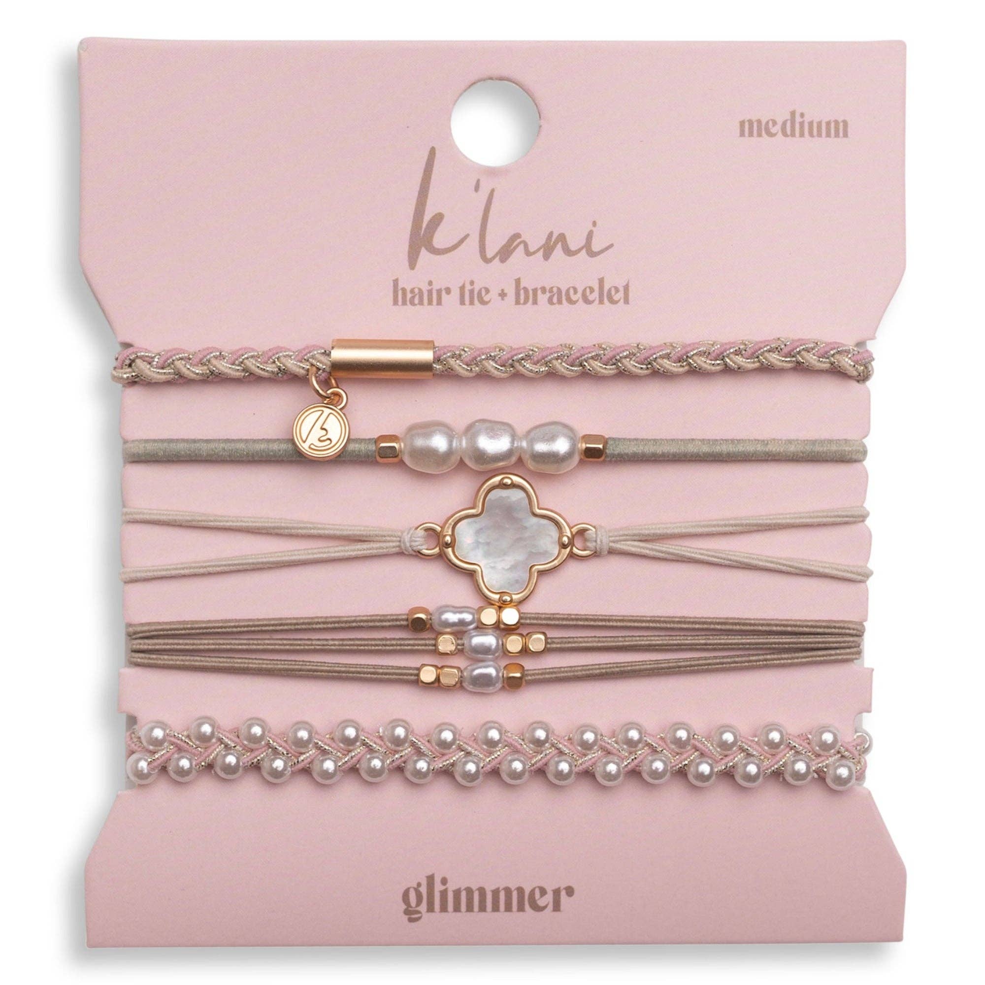 K'lani hair tie bracelets - "Glimmer" Soft Pinks with Pearl and Gold Accent Hair Tie Bracelets