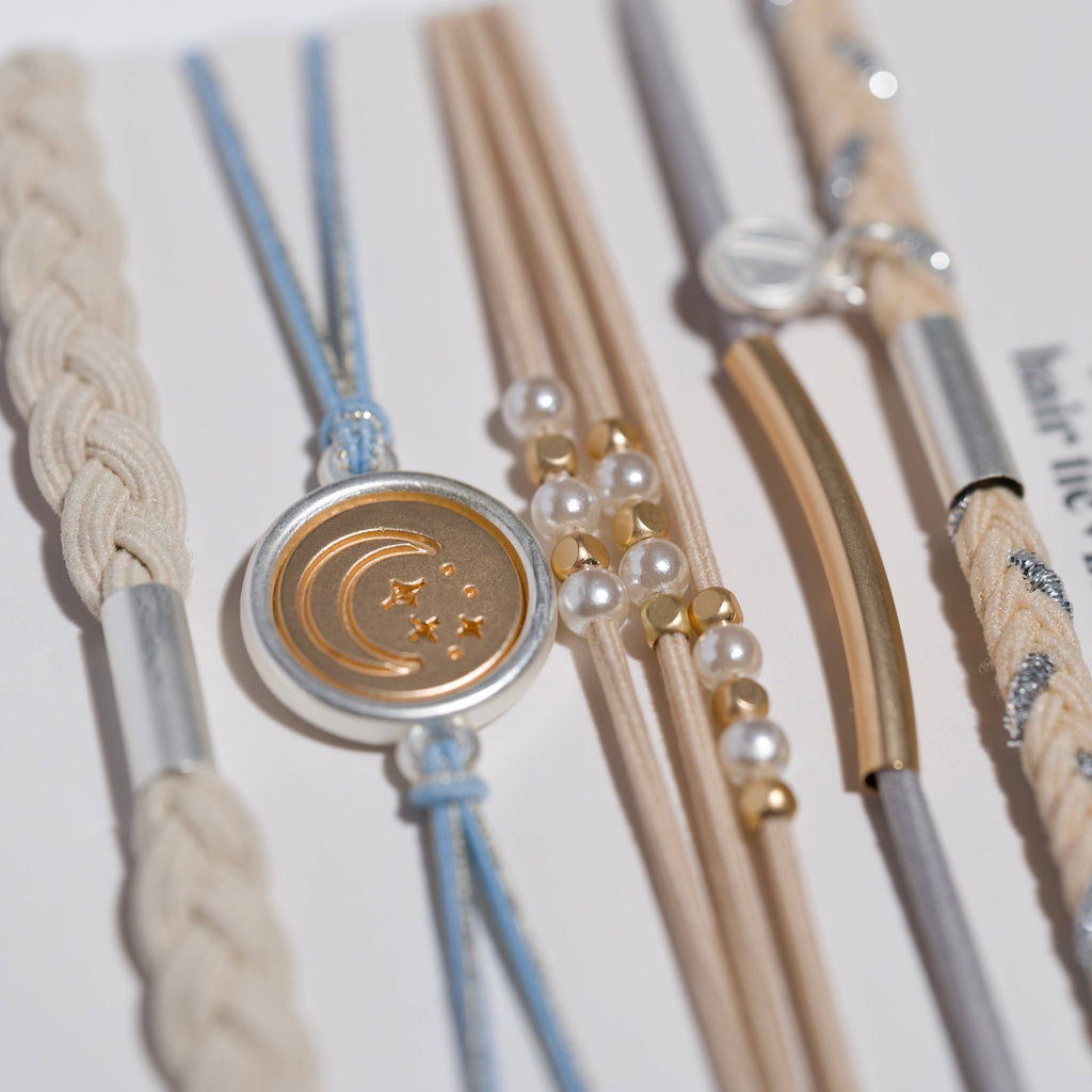 K'lani hair tie bracelets - "Wonder" Soft Creams and Blues with Pearls and Gold Hair Tie Bracelets