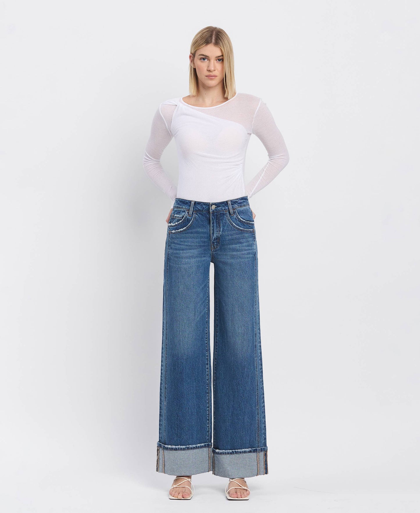 VERVET by FLYING MONKEY - HIGH RISE CUFFED PANEL BAGGY WIDE JEANS T6645
