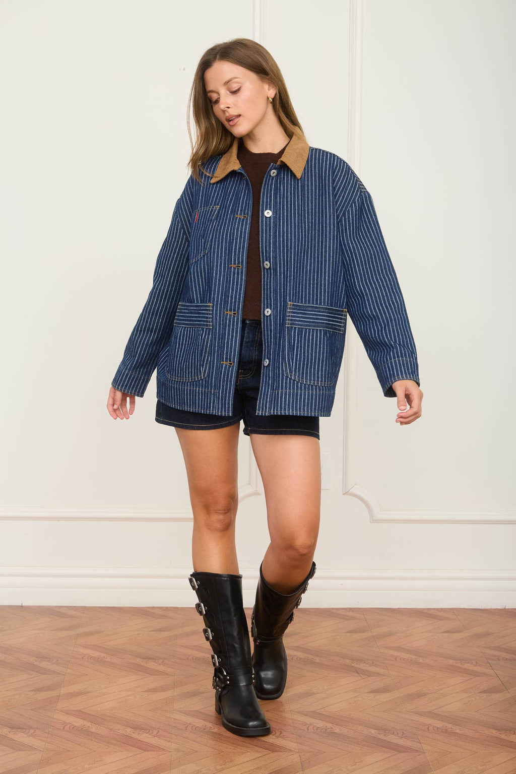 STRIPE CORDUROY COLLAR DENIM SHACKET