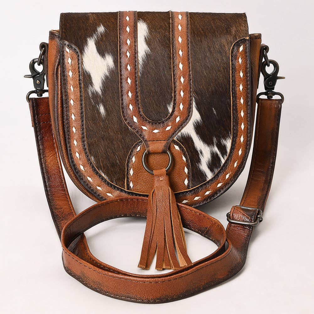 Western Genuine Leather Hair-On Cowhide Cross Body Bag with Tassel Detail