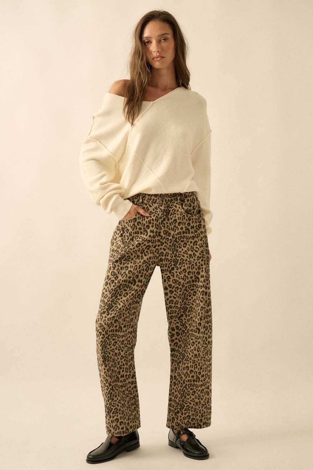 Leopard-Print Twill Pocket Pants