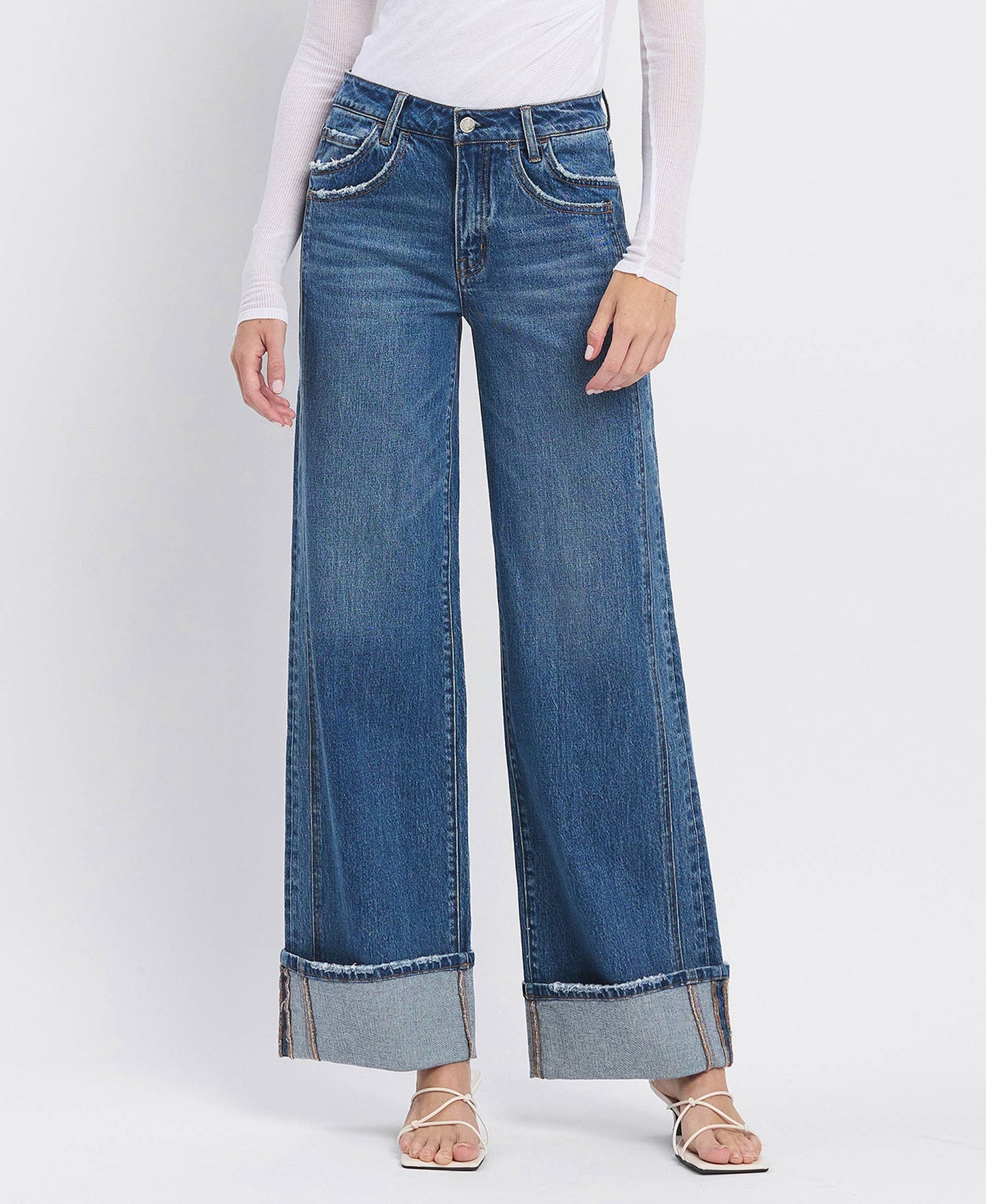 VERVET by FLYING MONKEY - HIGH RISE CUFFED PANEL BAGGY WIDE JEANS T6645