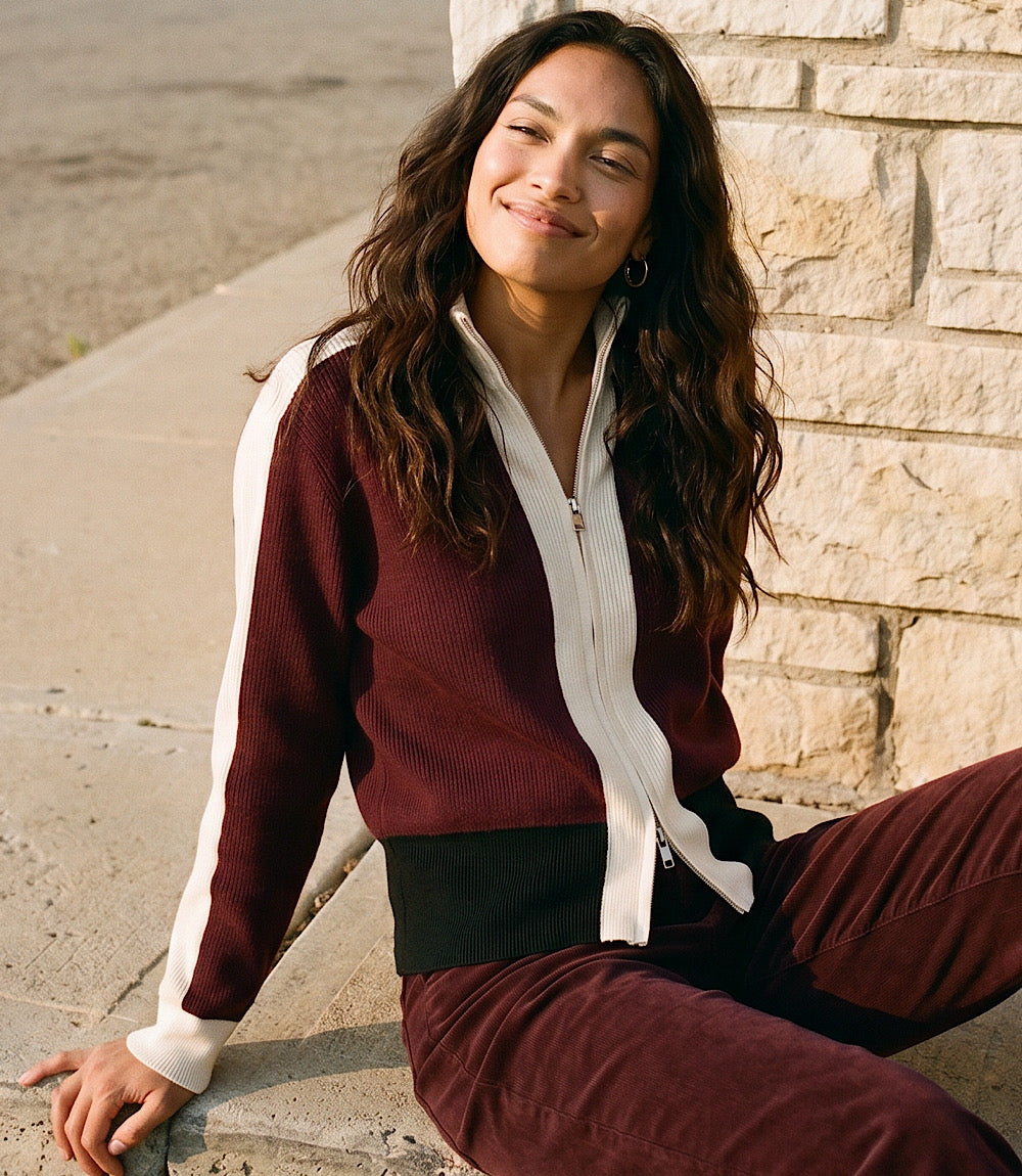 Petite Size Colorblock Zip-Up Cardigan Sweater