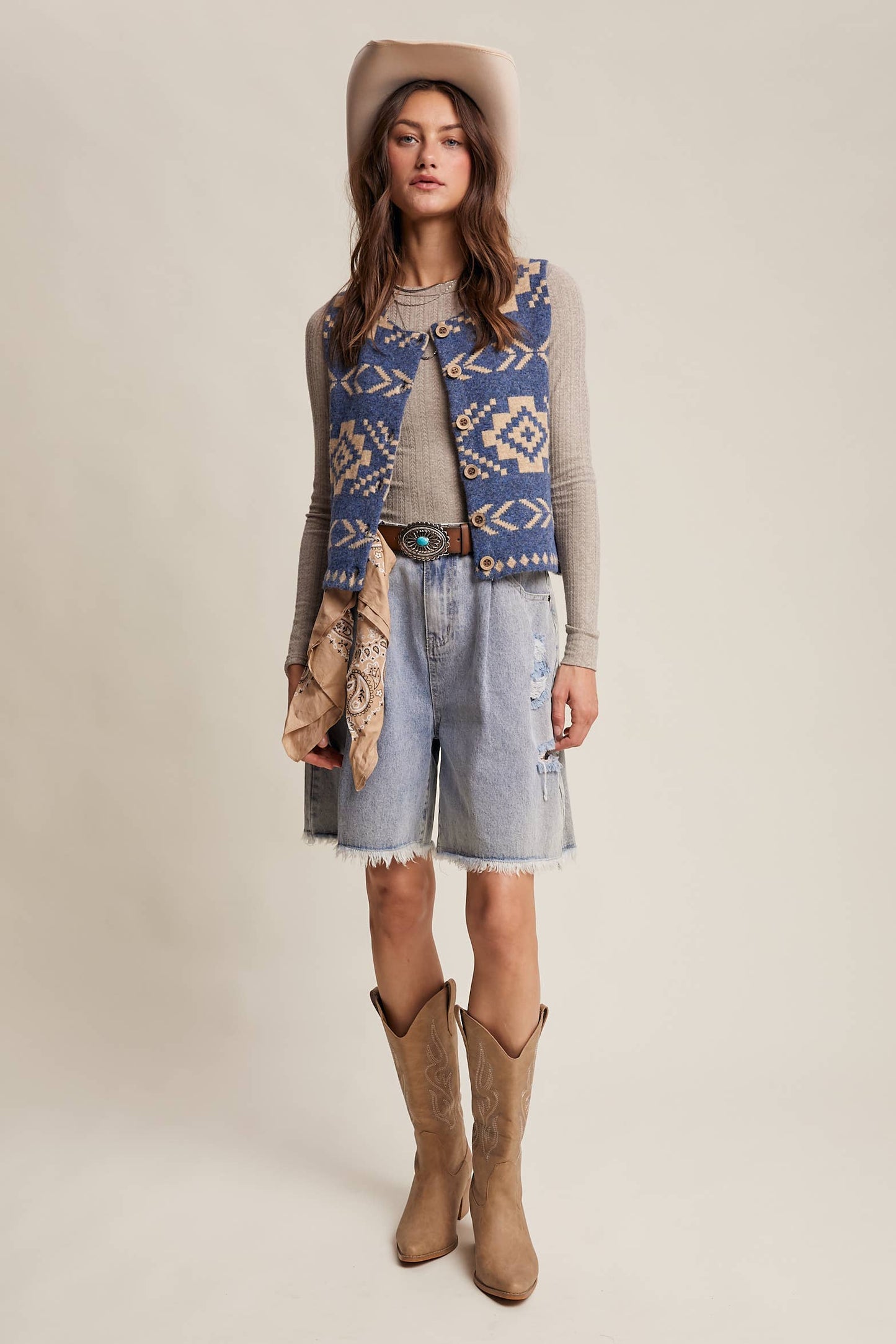 Listicle - Southwestern Button-Up Wool Vest: Amber Brown / M