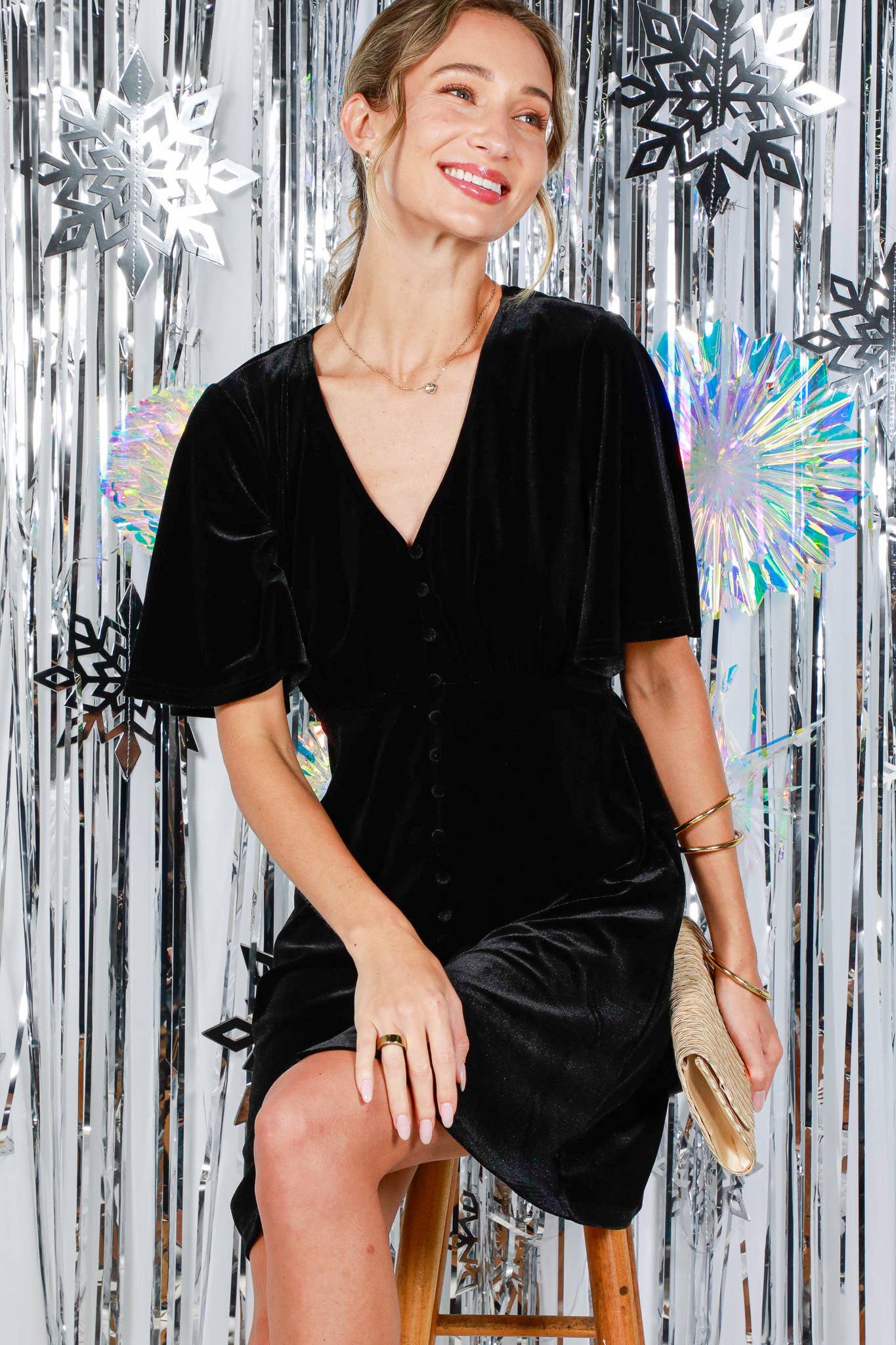 Short Ruffle Sleeve V-Neck Velvet Knee Dress