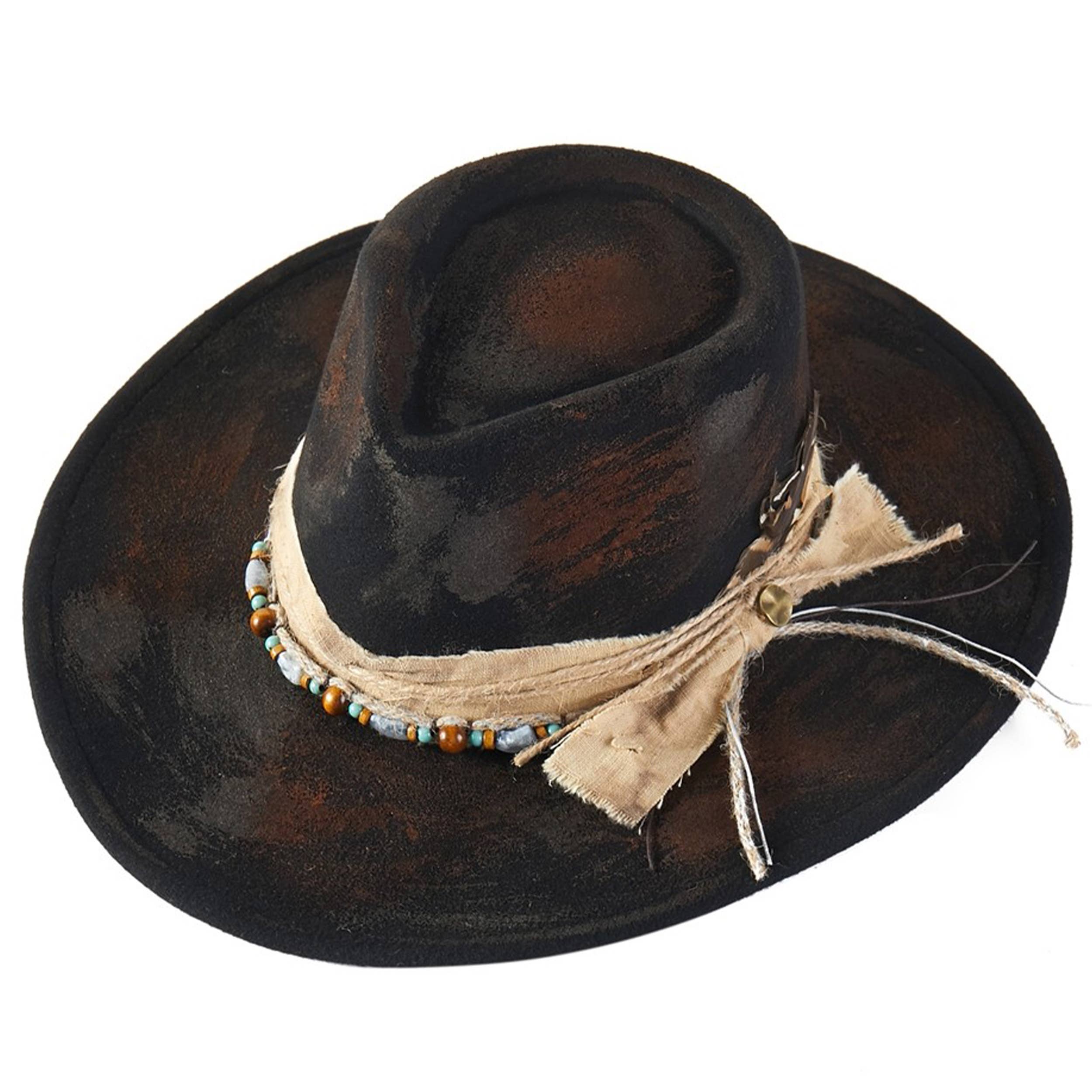 Distressed Fabric Band Rustic Cowgirl Fedora Hat