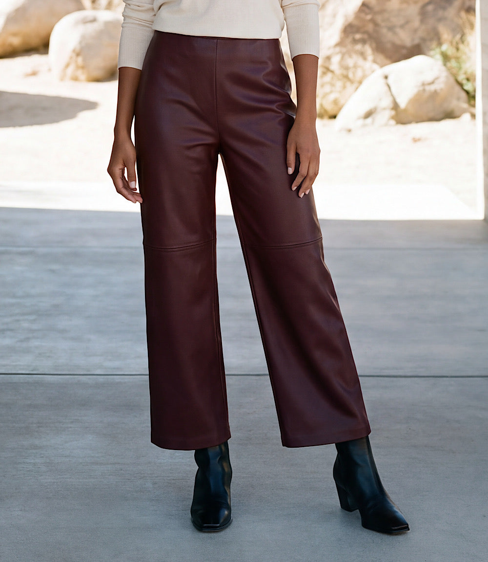 Petite Size Faux Leather Pull On Ankle Pants