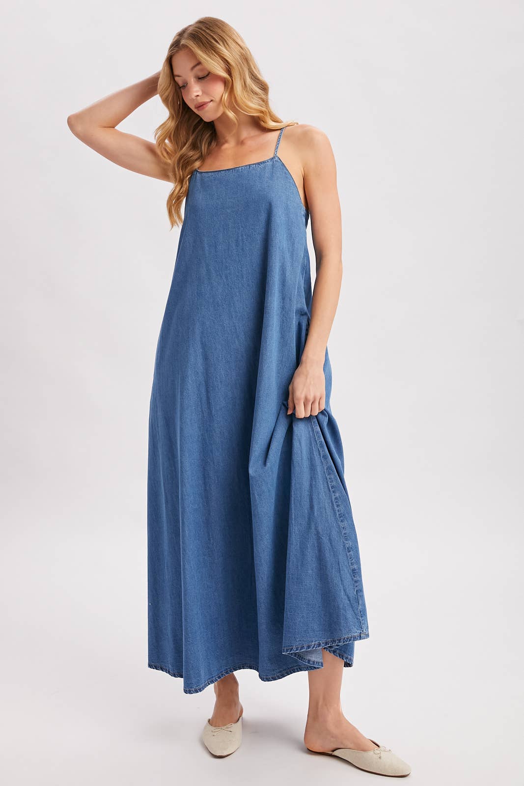 DENIM OPEN BACK SLEEVELESS MAXI DRESS