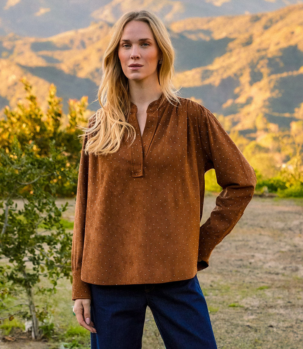 Faux Suede Embellished Half-Placket Shirt