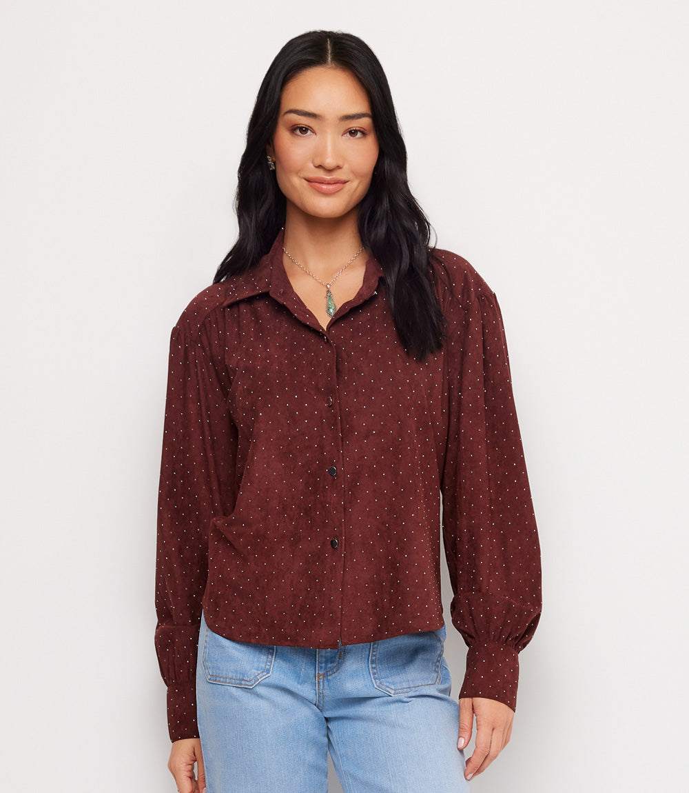 Faux Suede Embellished Dropped Shoulder Blouse