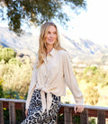 Faux Suede Long Sleeve Embellished Tie-Front Shirt
