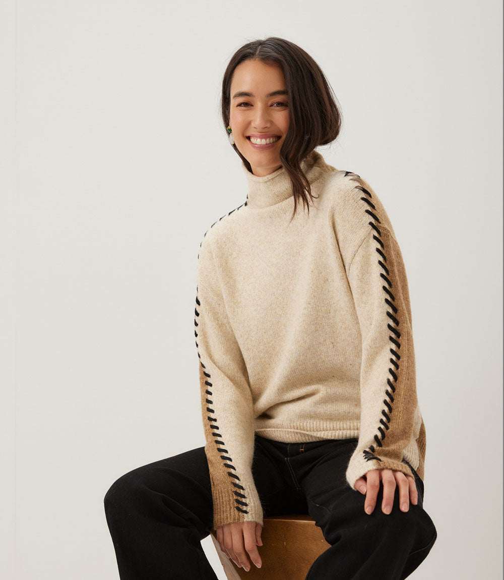 Contrast Stitch Mock Neck Colorblock Sweater