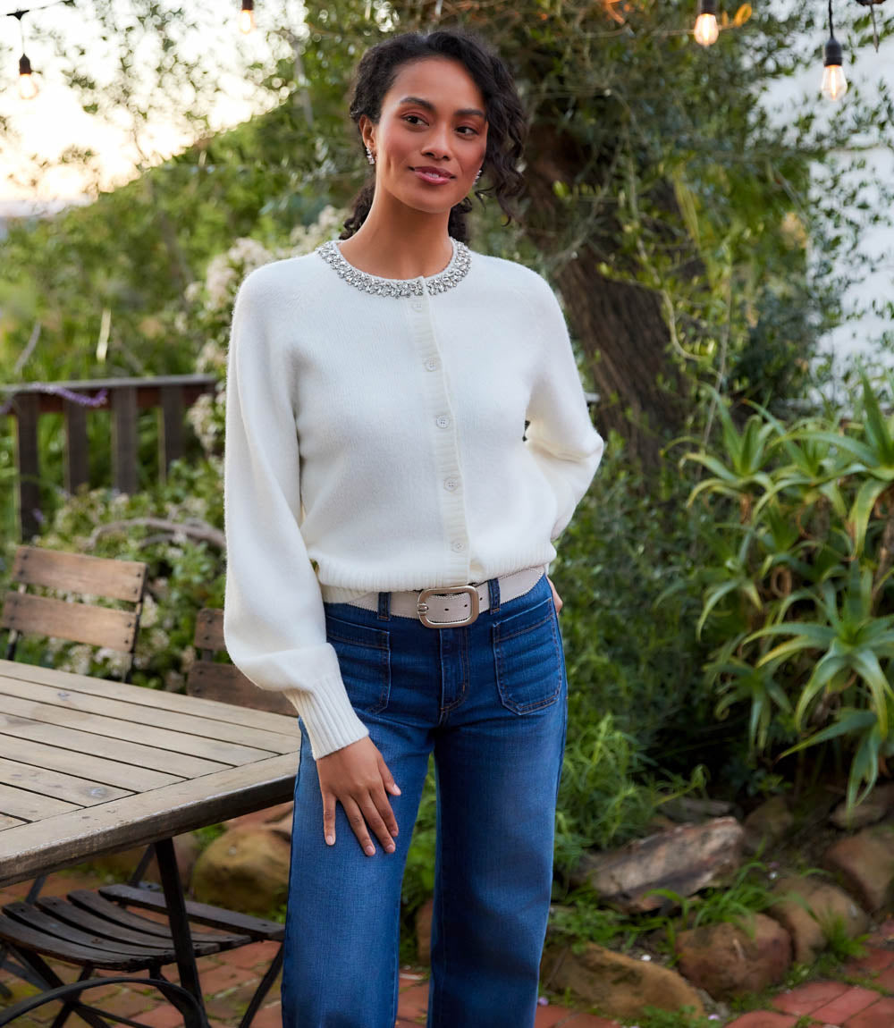 Embellished Crewneck Cardigan Sweater