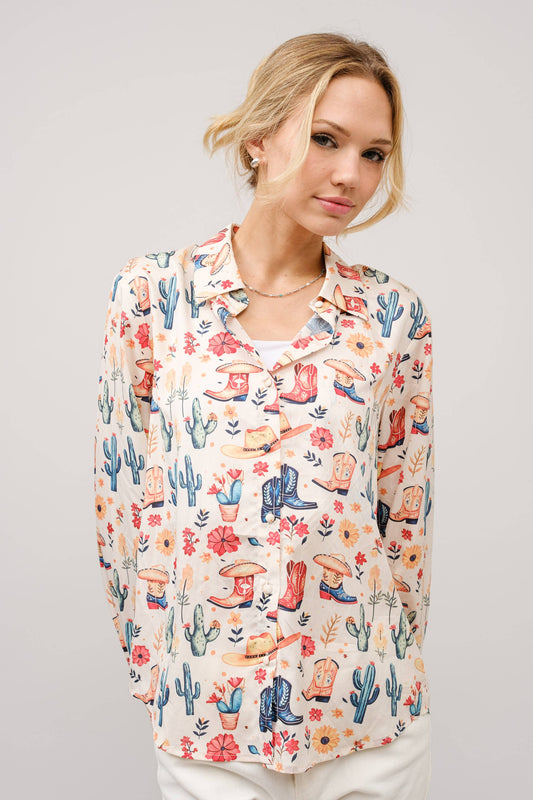 Western Motif Print Button Up Shirt