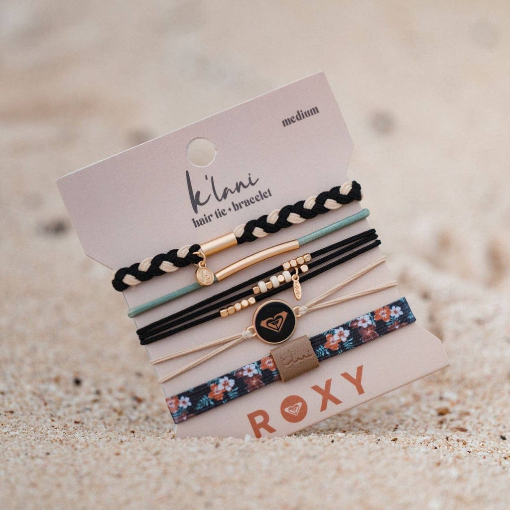 K'lani hair tie bracelets - "Roxy Coastal Drift" Black and Neutral Beachy Vibe Hair Tie Bracelets