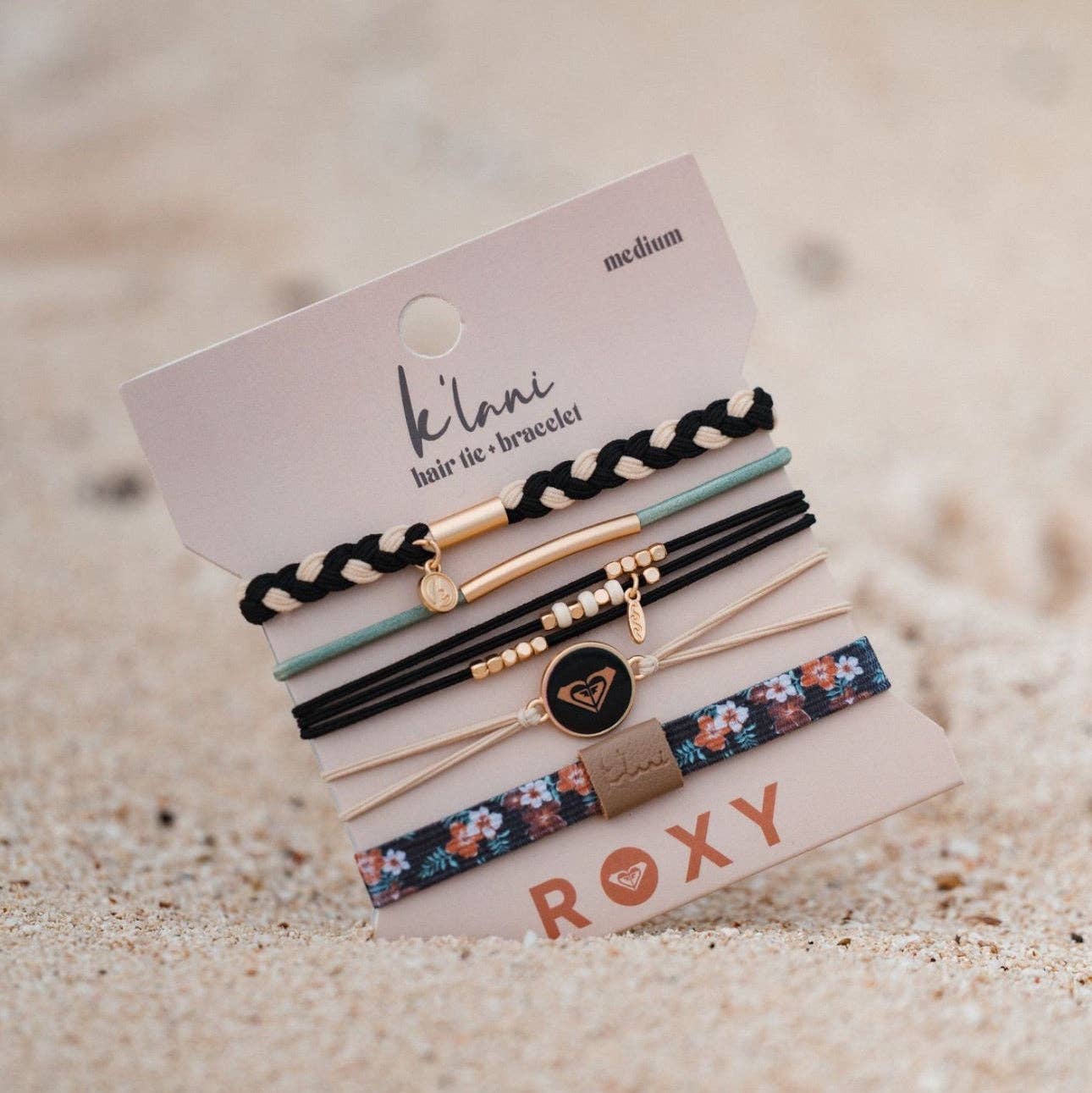 K'lani hair tie bracelets - "Roxy Coastal Drift" Black and Neutral Beachy Vibe Hair Tie Bracelets